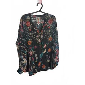 Johnny Was Blue Silk Floral Blouse Size Small